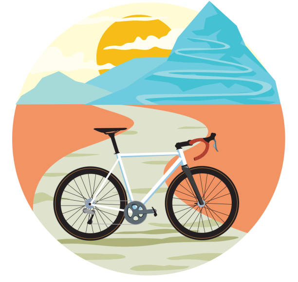ilustrações, clipart, desenhos animados e ícones de winding mountain road sun and road bike - racing bicycle