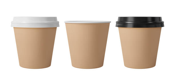 istock Brown paper coffee cups with black and white lids. Open and closed small paper cup. Realistic vector mockup. 1250542366