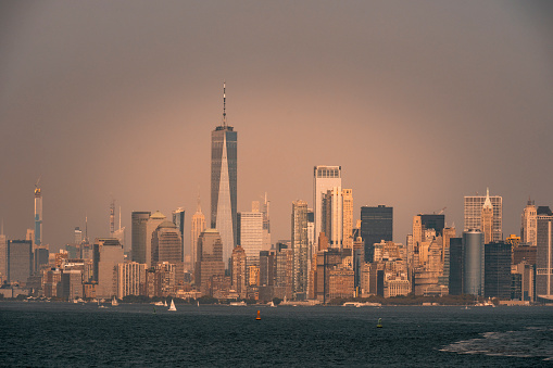 New York City skyline at dusk.