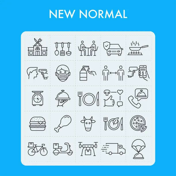 Vector illustration of New Normal. Restaurant Line Icon Set.