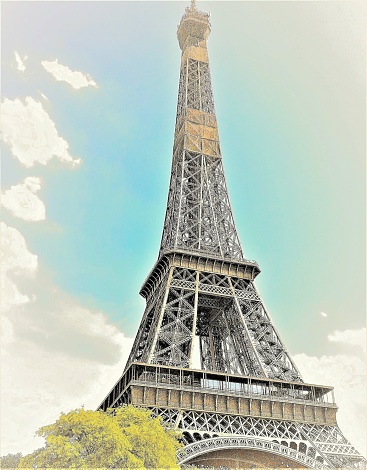 A black and white image of the Eiffel Tower taken from the Arc de Triomphe in the mids 1980s.