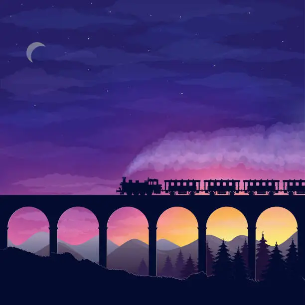 Vector illustration of beautiful night landscape with a train traveling over a bridge, mountains and forest against a starry sky.vector illustration