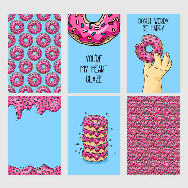 ilustrações, clipart, desenhos animados e ícones de um jogo de cartões de comida brilhante. conjunto de rosquinhas de desenho animado com esmalte rosa. padrão sem emendas com donuts rosa. fundo de rosquinha rosa, cartão, pôster. textura para tecido, embalagem, papel de parede. impressão decorativa. - pattern chocolate sprinkles textured