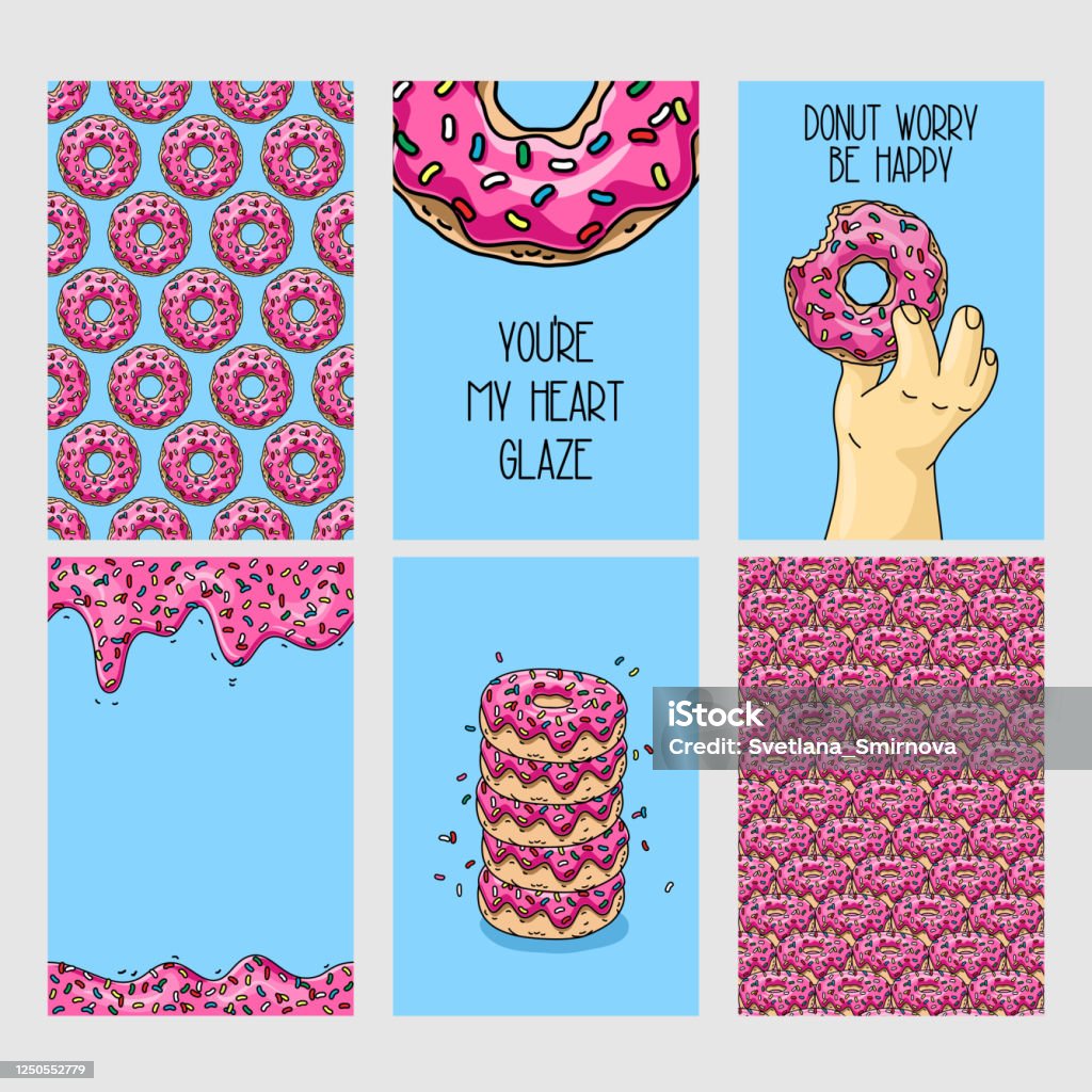 Set Of Bright Food Cards Set Of Cartoon Donuts With Pink Glaze Seamless  Pattern With Pink Donuts Pink Donuts Background Card Poster Texture For  Fabric Wrapping Wallpaper Decorative Print Stock Illustration -