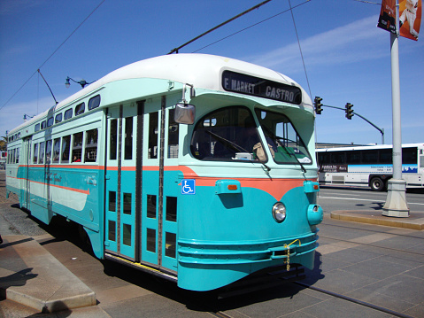 San Francisco - April 6, 2010: Blue Streetcar No. 1076 Washington, D.C. historic streetcar of the F-Line MUNI Train.