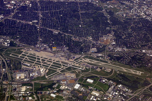 St. Louis - June 13, 2014: Aerial of St. Louis Lambert International Airport and surrounding city.