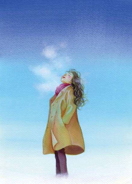 A young woman standing under cold winter sky A young woman standing under cold winter sky women under 20 stock illustrations