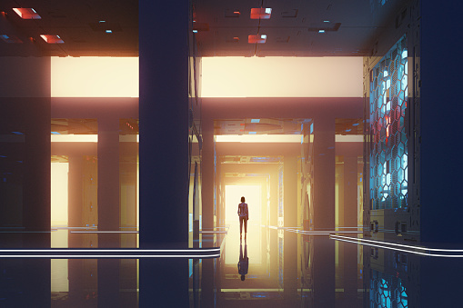Lonely woman standing in futuristic street. This is entirely 3D generated image.