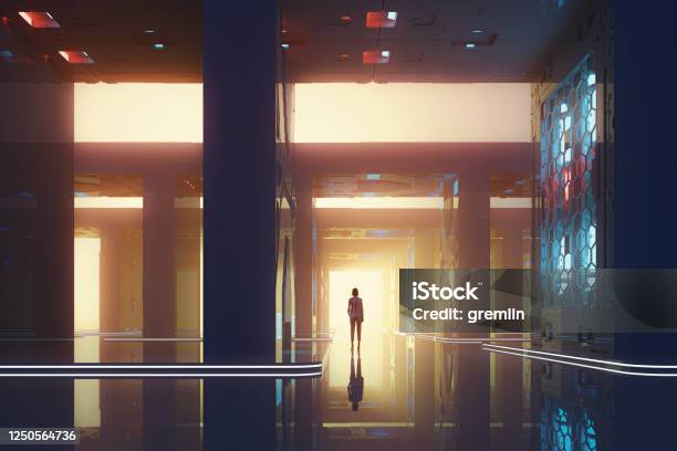 Lonely Woman Standing In Futuristic Street Stock Photo - Download Image Now - Futuristic, City, Dystopia - Concept
