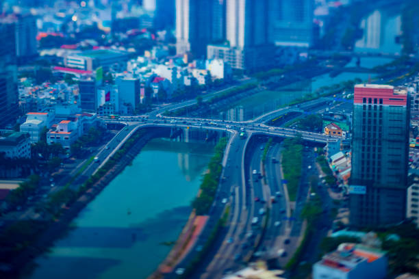 A miniature traffic jam at the busy town in Ho Chi Minh high angle A miniature traffic jam at the busy town high angle long shot tiltshift. Ho Chi Minh / Vietnam - 02.26.2020 diorama photos stock pictures, royalty-free photos & images