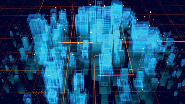 Holographic city map. Futuristic city. Blue neon silhouette city. Digital cityscape background. Business technology concept. Vector stock illustration. Holographic city map. Futuristic city. Blue neon silhouette city. Digital cityscape background. Business technology concept. Vector stock illustration. blueprint silhouettes stock illustrations
