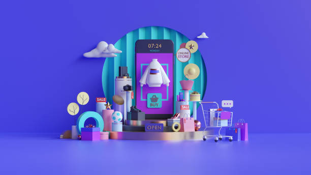 istock Shopping on-line. Online store on website or mobile application. 3d rendering background. digital marketing shop 1250572567