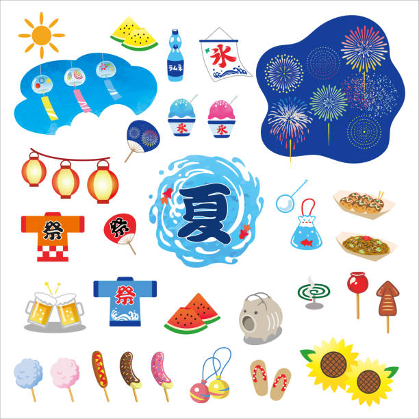 Happy Japanese summer illustration set Happy Japanese summer illustration set. goldfish snack stock illustrations
