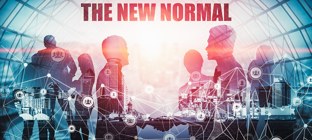 New normal concept effected by COVID 19 coronavirus that changes our lifestyle to new normal presented in style of social media banner or global news when abnormal becomes new normal .