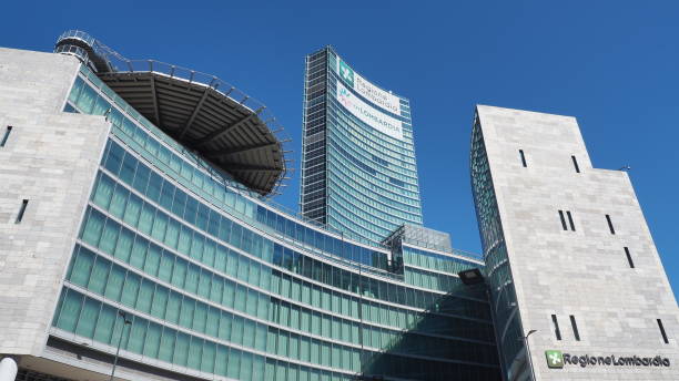 Milano, Italy. Palazzo Lombardia is a complex of buildings, including a 161.3 meter high skyscraper. The regional presidency has its seat here with all the departments stock photo