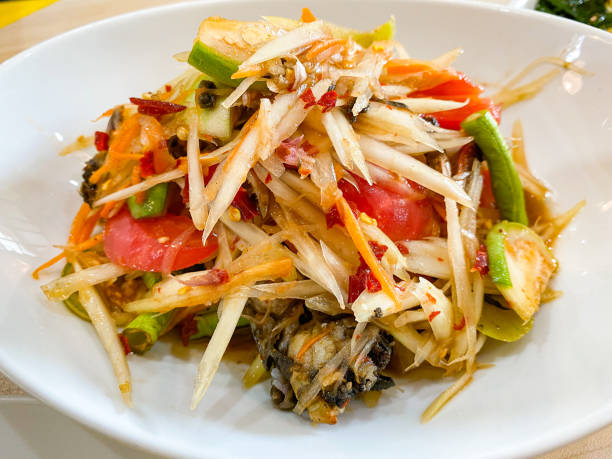 istock Spicy papaya salad or Somtum in Thai language 1250577681