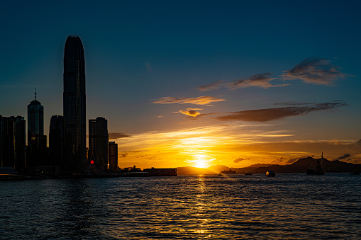 Hong Kong skyline cityscape downtown skyscrapers over Victoria Harbour in the sunset.