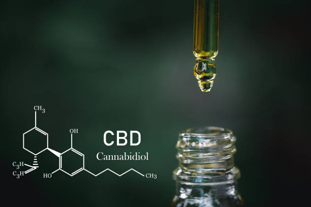 CBD Chemical Formula, droplet dosing a biological and ecological hemp plant herbal pharmaceutical cbd oil from a jar on a green marijuana leaf background.  medical cannabis concept. CBD Chemical Formula, droplet dosing a biological and ecological hemp plant herbal pharmaceutical cbd oil from a jar on a green marijuana leaf background.  medical cannabis concept. chemical formula stock pictures, royalty-free photos & images
