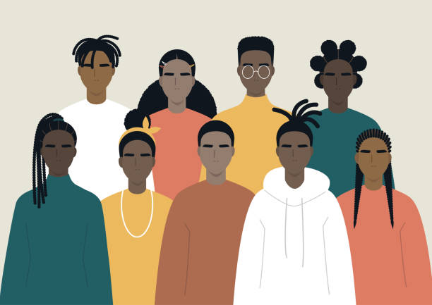 ilustraciones, imágenes clip art, dibujos animados e iconos de stock de comunidad negra, los africanos se reunieron, un conjunto de personajes masculinos y femeninos que llevan ropa casual y diferentes peinados - adolescente ilustraciones