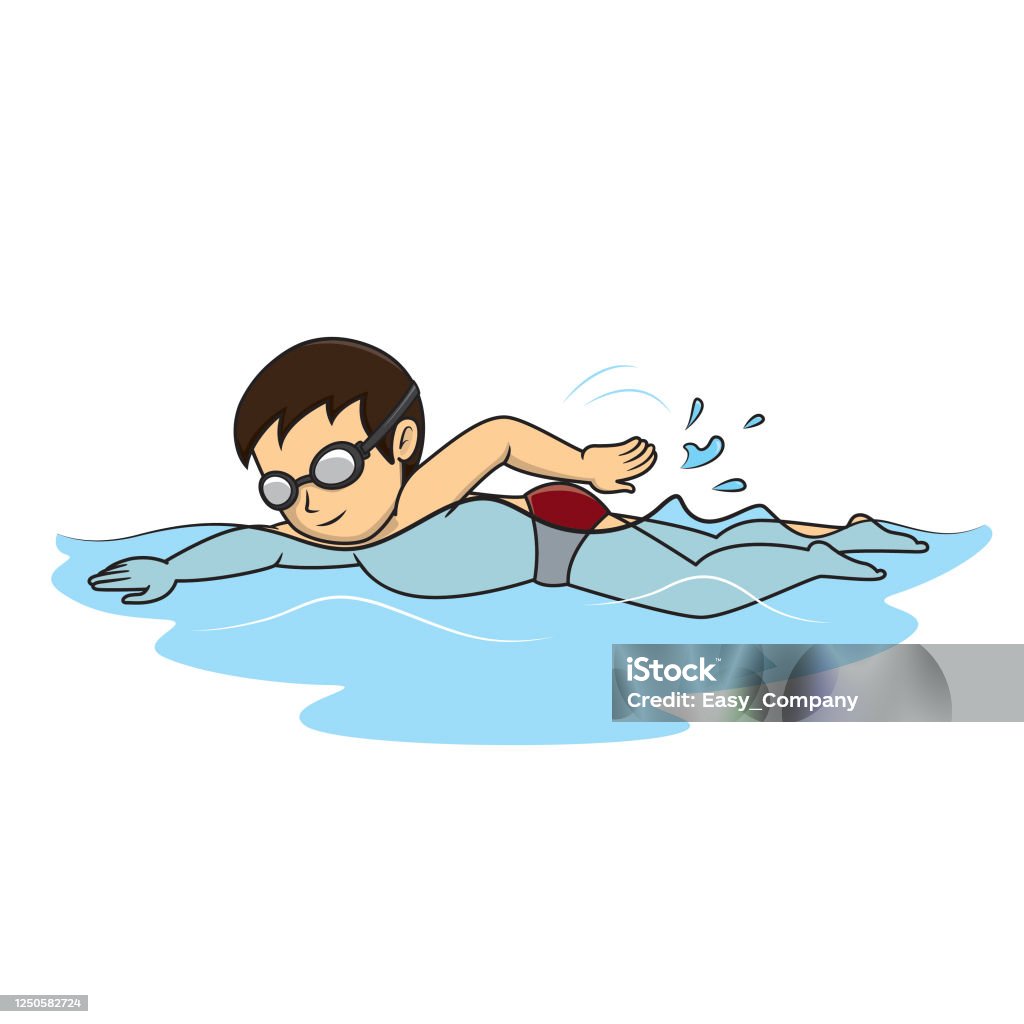Cartoon Drawing Young Men Doing Freestyle Swimming By Wearing A ...