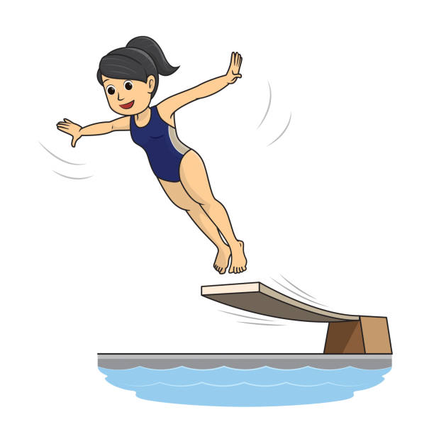 zawodniczka nurkująca rozkłada rękę, aby wskoczyć do wody w konkursie skoków wodnych - diving board stock illustrations