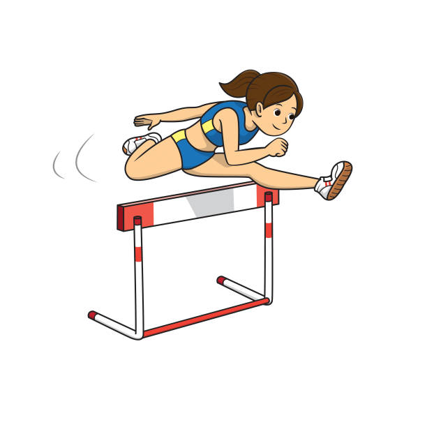illustrator zeichnung, athletin im blauen kleid, laufen auf hürden in sportwettkämpfen. - hürdenlauf stock-grafiken, -clipart, -cartoons und -symbole