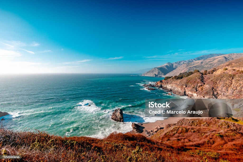 Pacific Coast Highway The Highway 1 on a sunny day. Beach Stock Photo