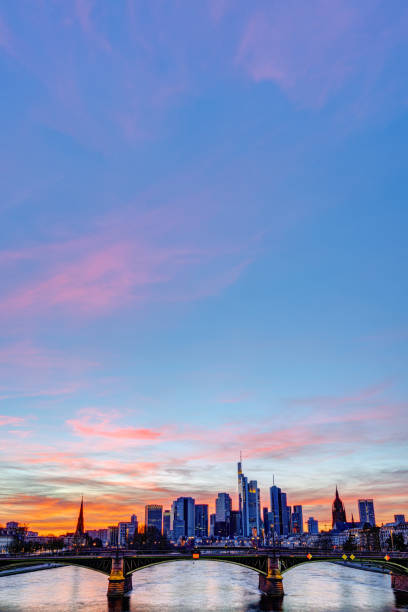 The financial district in Frankfurt in Germany and the Main river after sunset