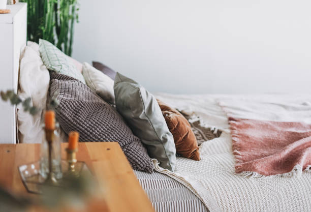 istock Scandinavian modern cozy bright interior in bedroom 1250586495