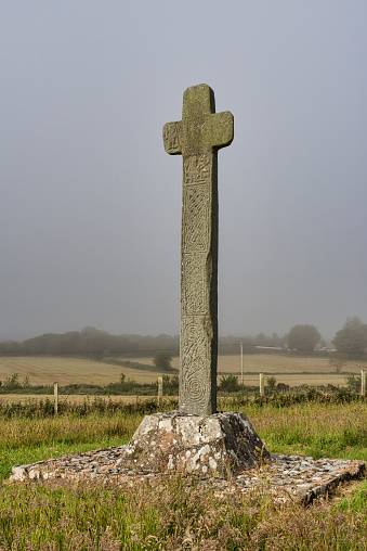 Cloncha High Cross in county Donegal Ireland. This picture was taken on a foggy morning