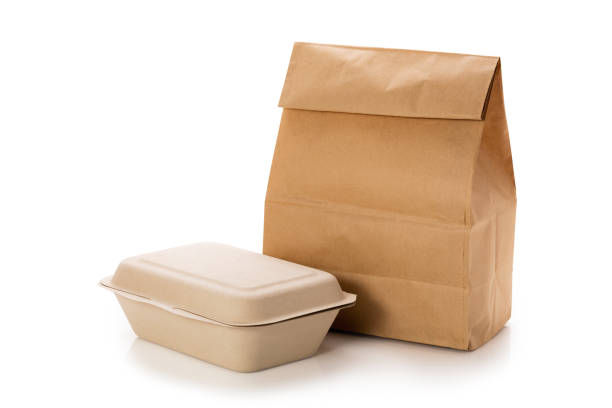 embalaje para llevar con alimentos simulados - paper bag packaging blank package fotografías e imágenes de stock