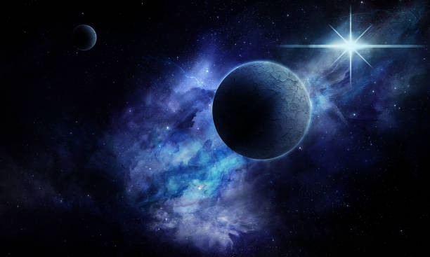 istock abstract space illustration, 3d image, stone planet in space among the constellations in blue radiance and nebula 1250590755