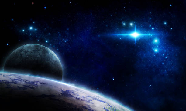 istock abstract space illustration, 3d image, stone planet in space among the constellations in blue radiance and nebula 1250590759
