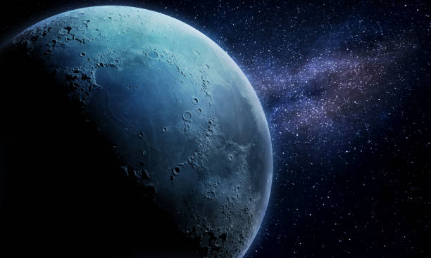 istock abstract space 3D illustration, 3d image, background, a huge moon in space in a nebula and the radiance of stars 1250590766