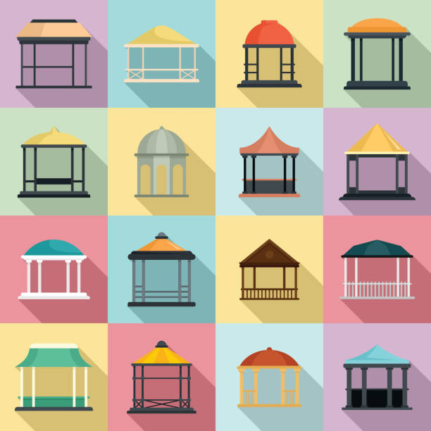 Gazebo icons set, flat style Gazebo icons set. Flat set of gazebo vector icons for web design pavilion stock illustrations