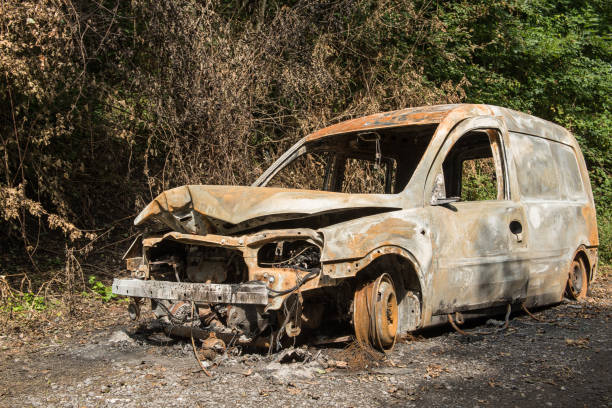 istock Old burned out car on an abandoned road 1250594038