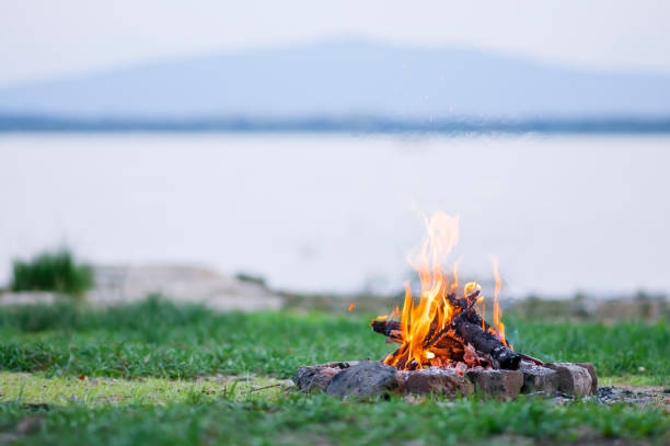 istock Small campfire with flames beside a lake 1250594925
