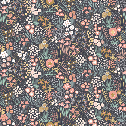 Flower field pastel colors on dark seamless vector pattern. Repeating liberty doodle flower meadow background. Repeating Scandinavian style line art florals. For fabric, wallpaper, home decor.