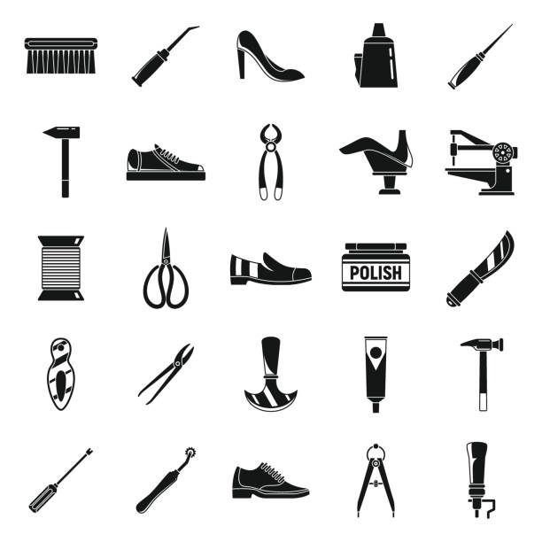 Classic shoe repair icons set, simple style Classic shoe repair icons set. Simple set of classic shoe repair vector icons for web design on white background shoemaker stock illustrations