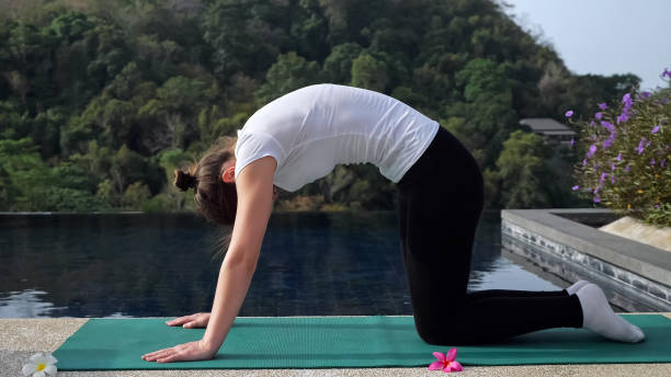 istock Novice female yogi performs exercises in the fresh air 1250600183