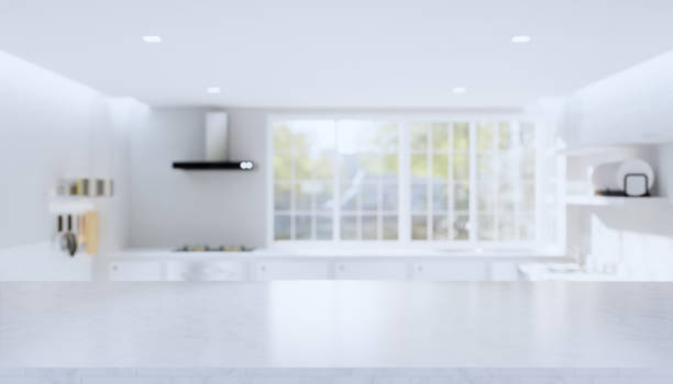 istock 3d rendering of marble counter product display with kitchen blurred background. 1250602008