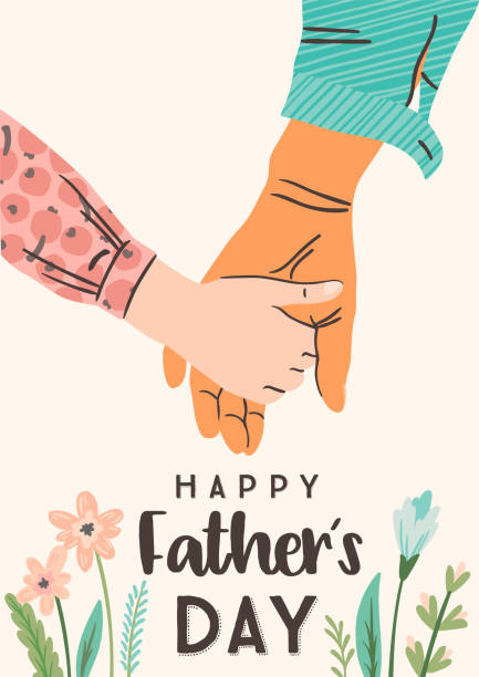 Happy Fathers Day. Vector illustration. Man holds the hand of child. Happy Fathers Day. Vector illustration. Man holds the hand of child. Design element for card, poster, banner, flyer and other use. father daughter stock illustrations