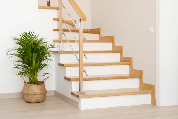 Modern natural ash tree wooden stairs in new house interior stock photo