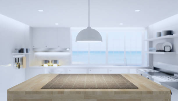 istock 3d rendering of wood countertop product display and blurred kitchen background. 1250603329