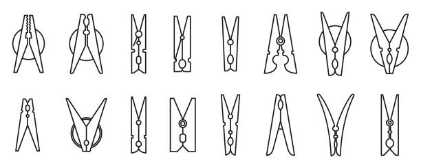 wäsche kleidung pins symbole gesetzt, umriss stil - clothes peg stock-grafiken, -clipart, -cartoons und -symbole