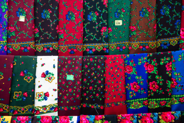 Colorful Scarfs from Maramures Bucovina region Romania exposed on a market. Tags added.