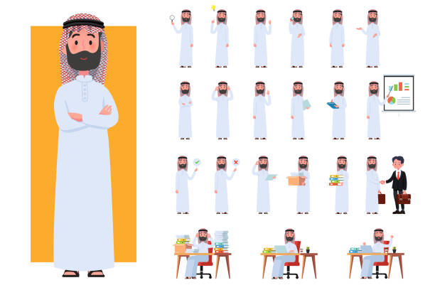 ilustrações de stock, clip art, desenhos animados e ícones de diverse set of arab man on white background. muslim businessman with gadgets in flat design people characters. - arabic characters