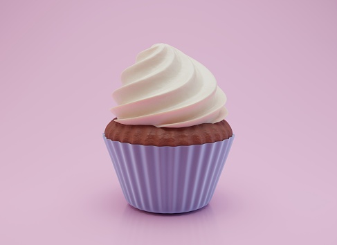 Chocolate cupcake decorated with whipped vanilla cream on pink background. 3d render