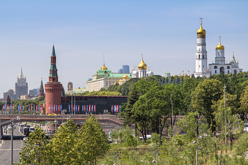 Panorama of the Moscow river embankment and architectural ensemble of the Moscow Kremlin, Russia