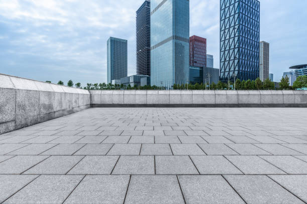 istock empty brick floor with cityscape and skyline 1250608586